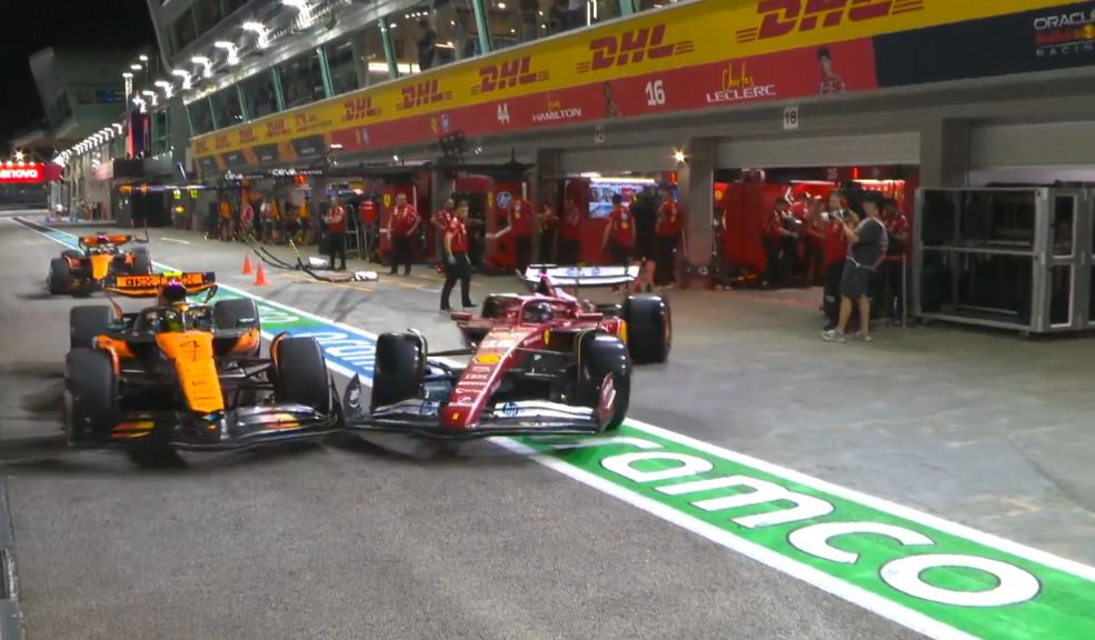 F1 Norris choca contra el Ferrari de Leclerc en el pit lane de Singapur ¿hay penalización?
